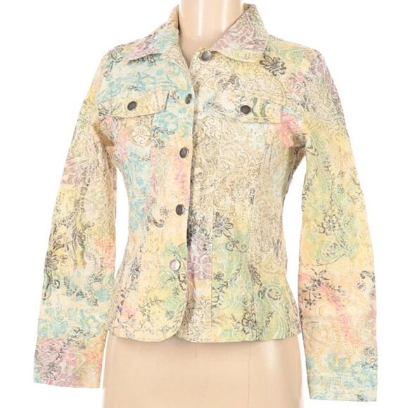 Analogy Jackets & Blazers - Analogy Petites Jean Style Jacket Womens PM Textured Yellow Gray‎ Coral Floral